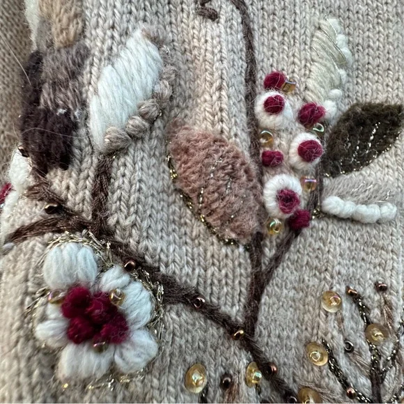 Coldwater Creek Beige Cardigan Floral Embroidery Cottagecore Cabincore.  Sz L - Picture 3 of 16